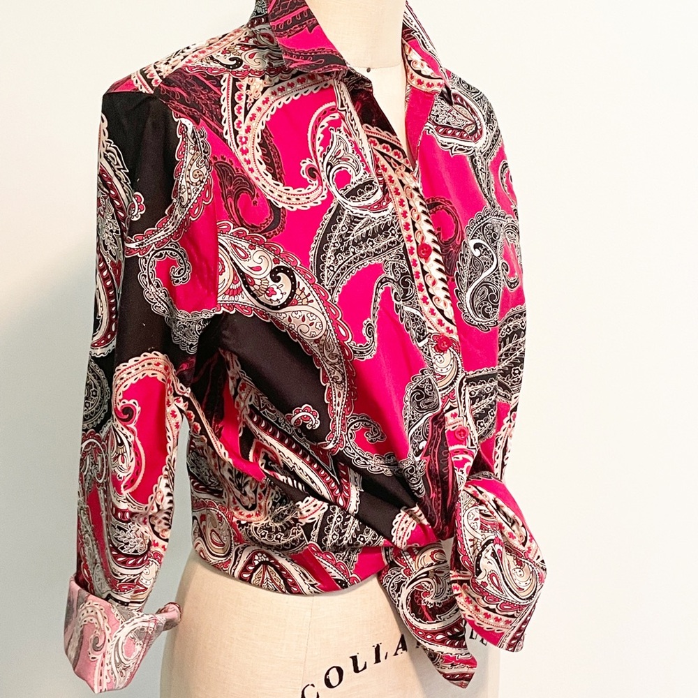 Chico’s red and black paisley blouse, long button down top, cotton blouse, 1